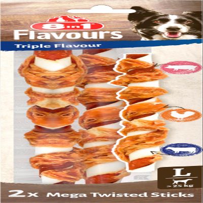 8in1 Triple Flavour Mega Twisted Sticks - Large Chew Sticks with Chicken, Pork, and Beef Skin, 140g Bag (2 Pieces)