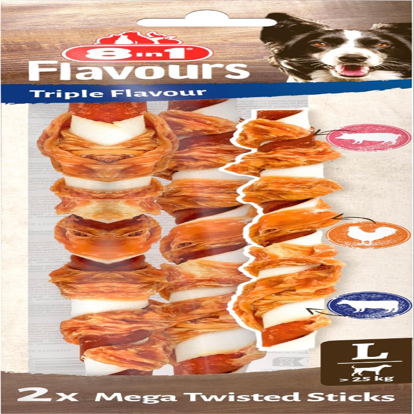 8in1 Triple Flavour Mega Twisted Sticks - Large Chew Sticks with Chicken, Pork, and Beef Skin, 140g Bag (2 Pieces)