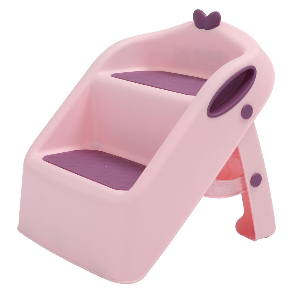 3-in-1 Step Stool for Children, Folding Plastic Stool with Seat, Raised Rails and Safety Lock (Pink)