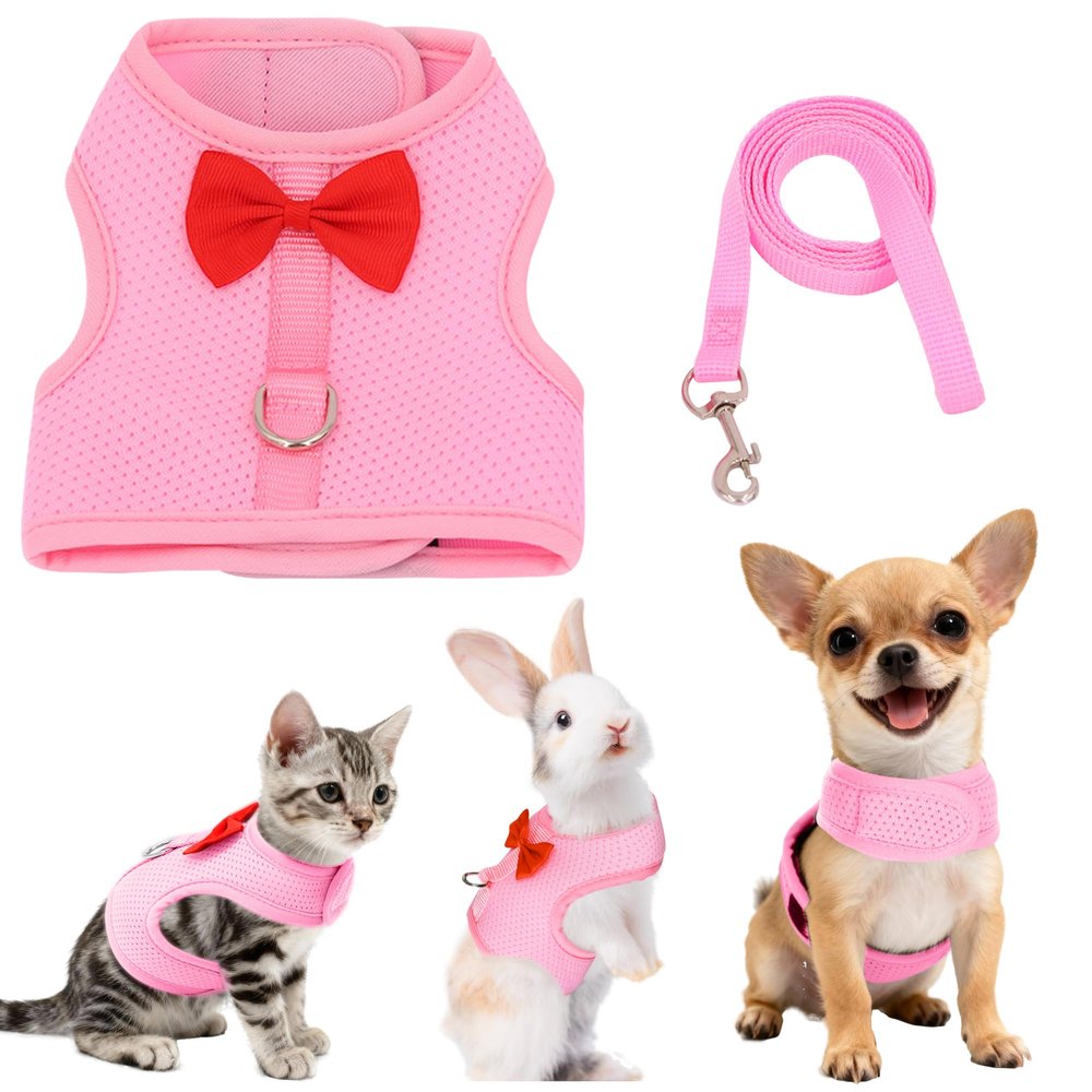 AIITLE Cat Harness and Leash Set with Bow, Soft Breathable Mesh for Small Pets, Pink, L