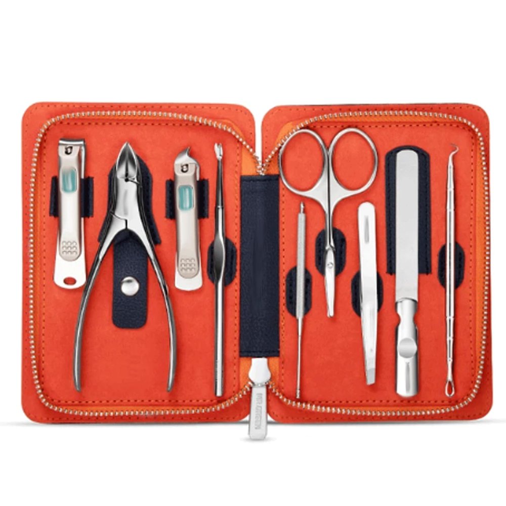 LELWNGGQ 9-Piece Stainless Steel Manicure Set with Leather Case for Thick Nails