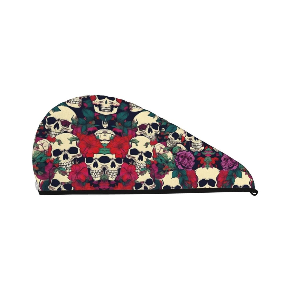 SamLng Dry Hair Cap with Floral Skull Print, Coral Velvet