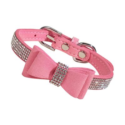 Adjustable Rhinestone Dog Collar with Bow, Pink
