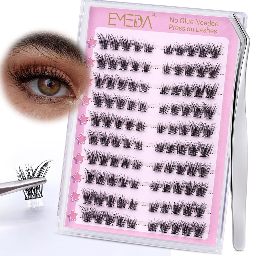 EMEDA Self-Adhesive Cat-Eye Lashes, Glue-Free Lash Cluster Kit, 120 Press-On Lashes with Tweezers (Cateye02)
