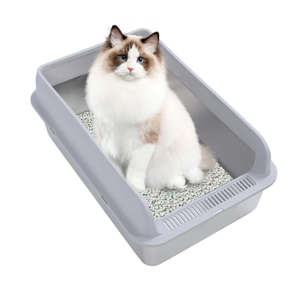 Stainless Steel Cat Litter Box, Open-Top, High-Sided, Splash-Resistant, with Scoop, Large