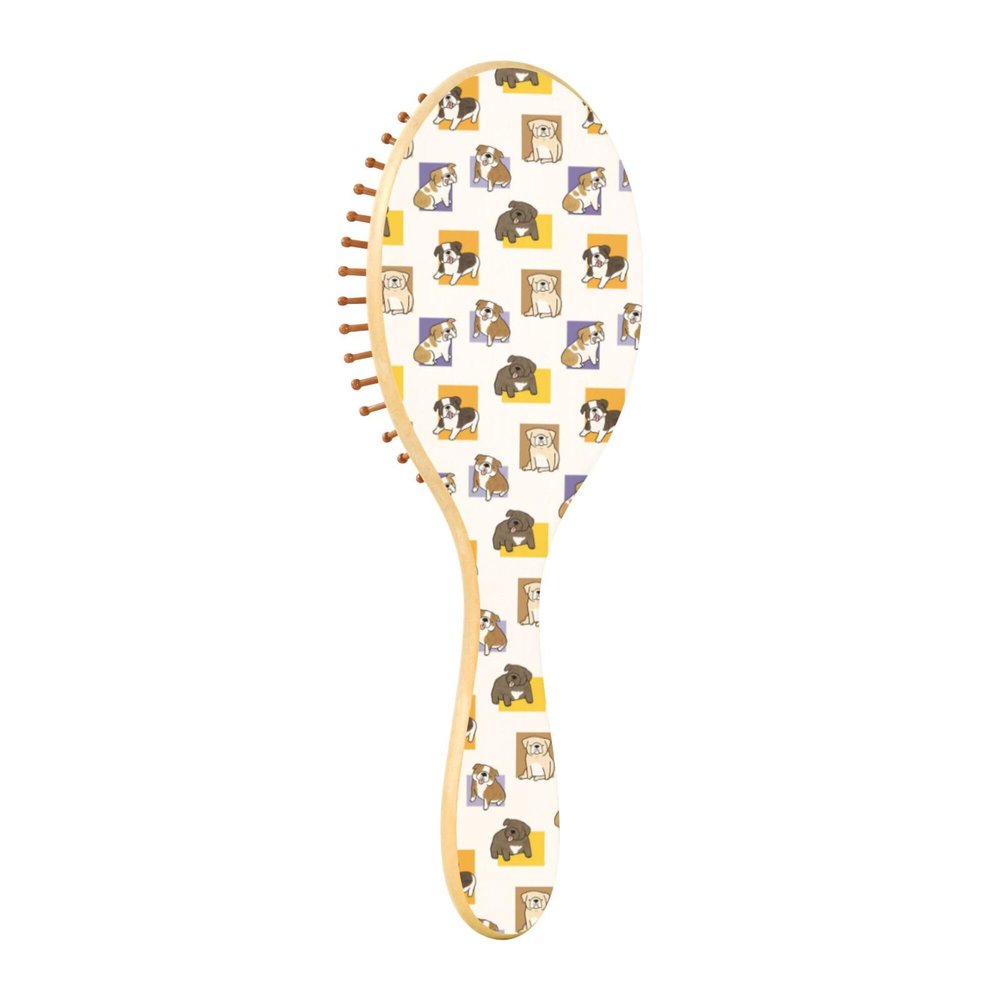 Wooden Hair Brush, Paddle Brush with Cartoon Bulldog Design