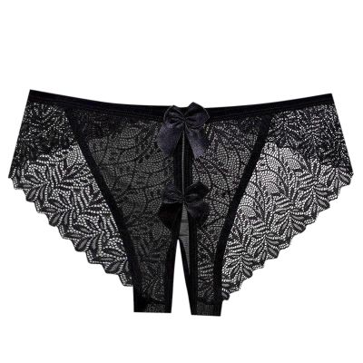 Women's Open-Crotch Lace Thong, Black, Size M
