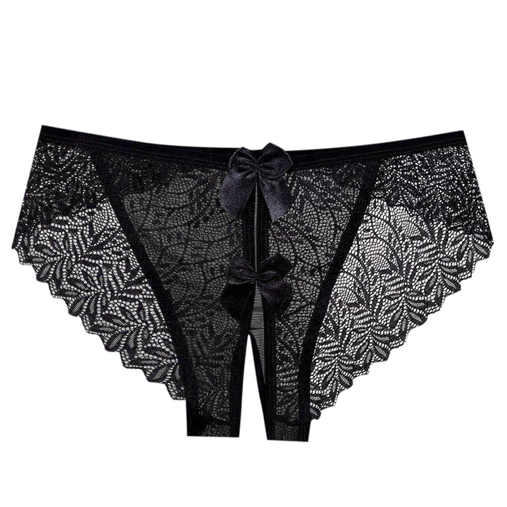 Women's Open-Crotch Lace Thong, Black, Size M