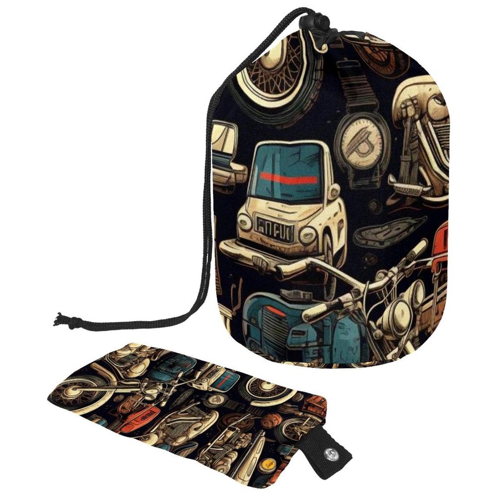 Travel Cosmetic Bag with Drawstring, Makeup Bag, Waterproof Retro Motorcycle Design, 9.9 x 6.9 in / 25.2 x 17.6 cm; 6 x 3.5 in / 15.2 x 8.8 cm