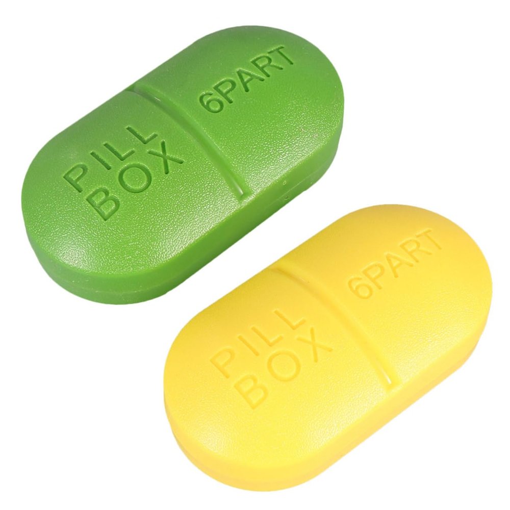 Oval 6-Compartment Plastic Pill Box, 2 Pcs, Portable
