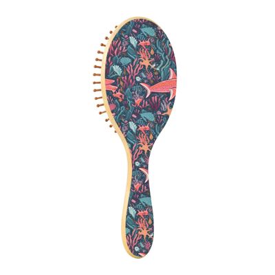 Wooden Hair Brush, Paddle Brush for Fine Hair, Natural Wood, Fish, Sea and Coral Pattern
