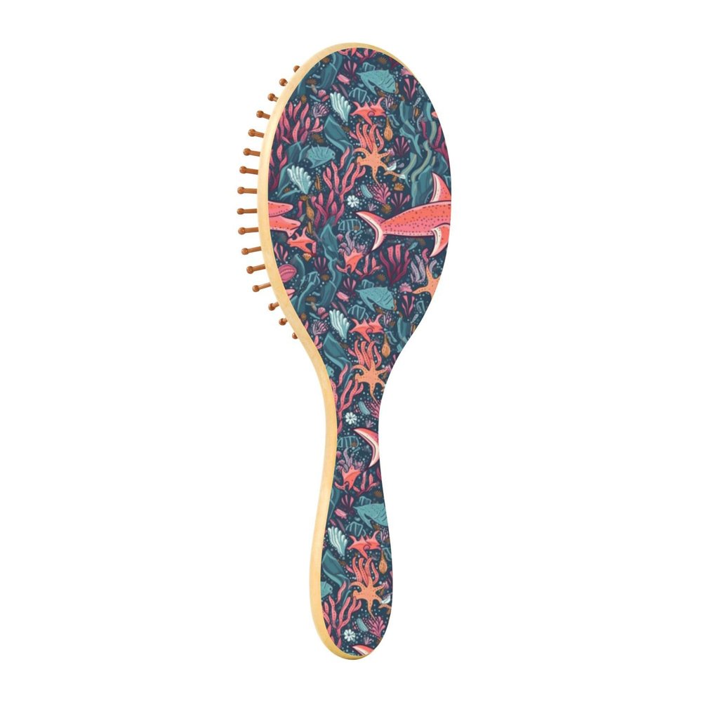 Wooden Hair Brush, Paddle Brush for Fine Hair, Natural Wood, Fish, Sea and Coral Pattern