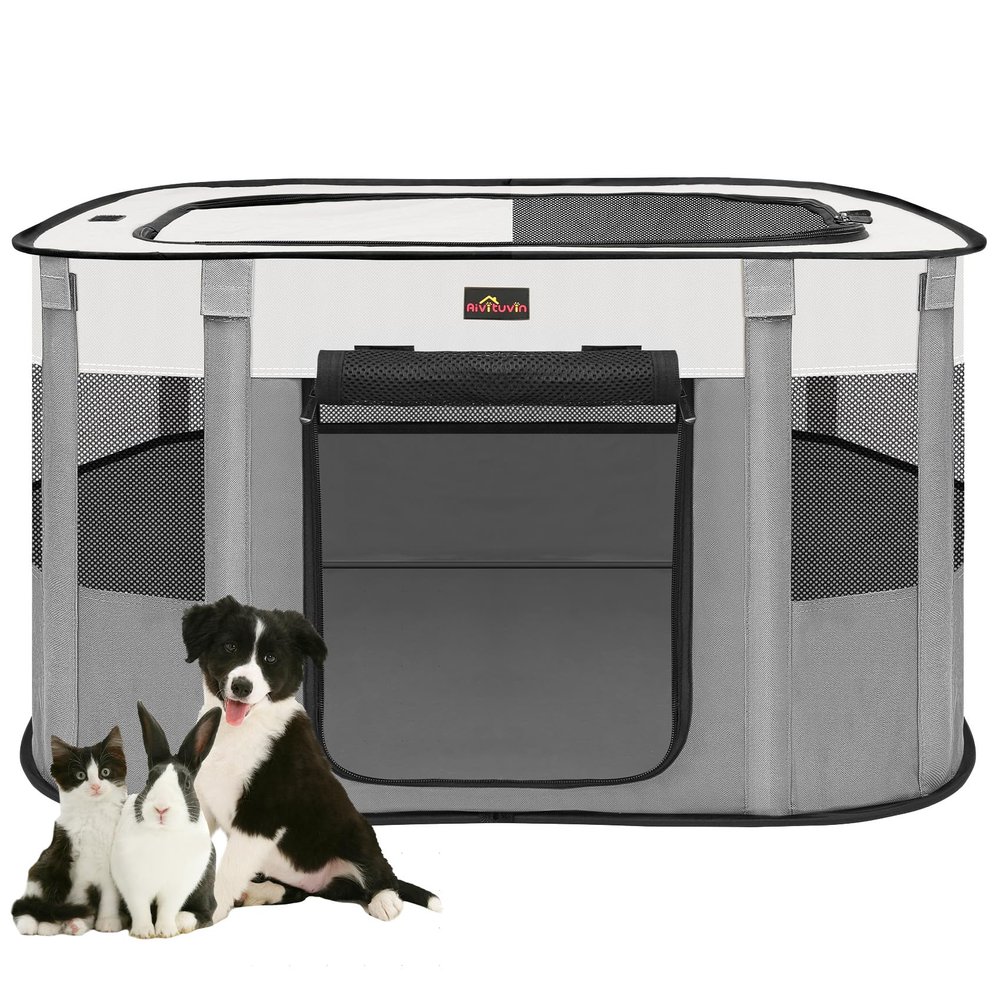 Aivituvin Portable Dog Playpen, Foldable Pet Tent with Carrying Bag, Indoor/Outdoor, Gray, Medium