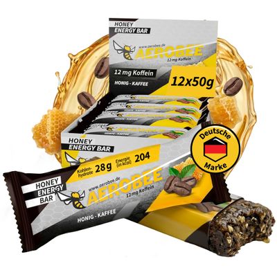 AEROBEE Honey & Coffee Energy Bars, Oat Bars with No Added Sugar and 12 mg Caffeine, Natural Energy Bars for Endurance Sports, Marathon, Cycling, Hiking & Office, 12 x 50 g