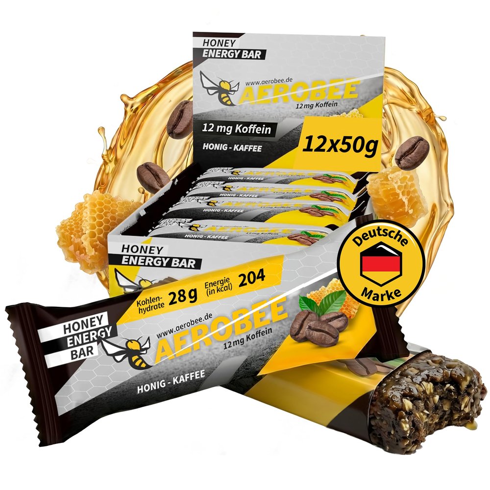 AEROBEE Honey & Coffee Energy Bars, Oat Bars with No Added Sugar and 12 mg Caffeine, Natural Energy Bars for Endurance Sports, Marathon, Cycling, Hiking & Office, 12 x 50 g