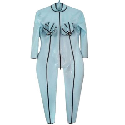 GAYLOP Latex Pants Latex Rubber Catsuit Zentai Bodysuit Jumpsuit with Breast Inflation, Sky Blue, S