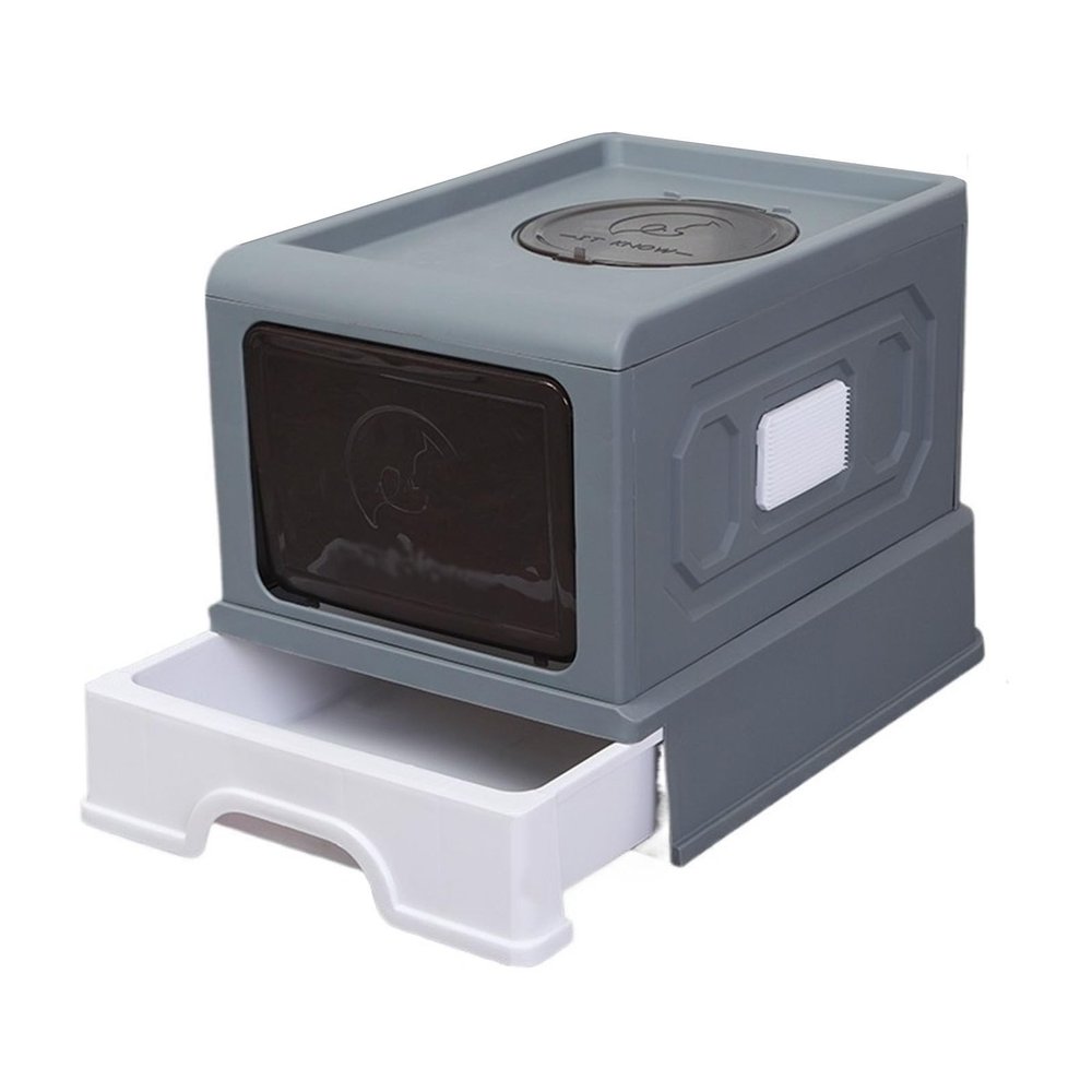 Fully Enclosed Cat Litter Box with Front Entry, Top Exit, and Pull-Out Tray (Gray)