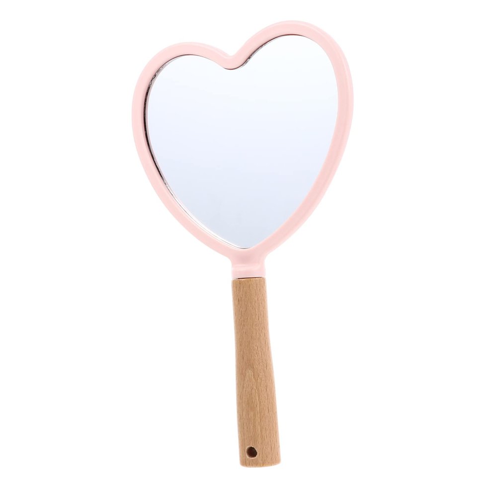 WOONEKY Portable Heart-Shaped Cosmetic Mirror with Wooden Handle