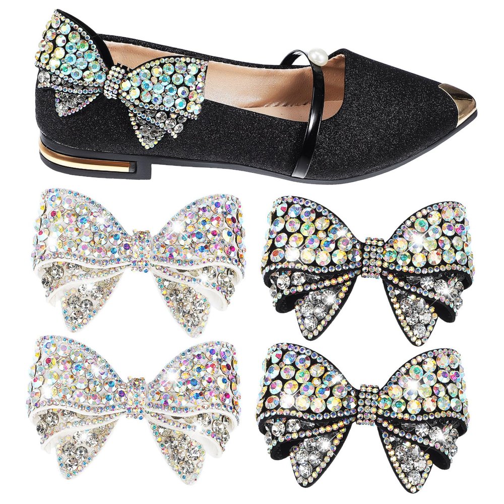 DEARMAMY 4-Piece Rhinestone Bow Shoe Clips, White and Black