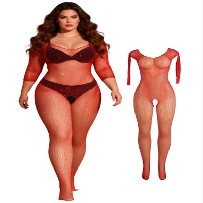 comeondear Open-Crotch Rhinestone Fishnet Bodystocking for Women, XS–5XL