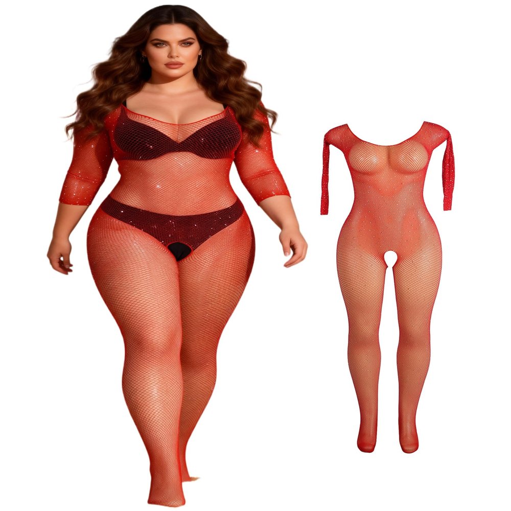 comeondear Open-Crotch Rhinestone Fishnet Bodystocking for Women, XS–5XL