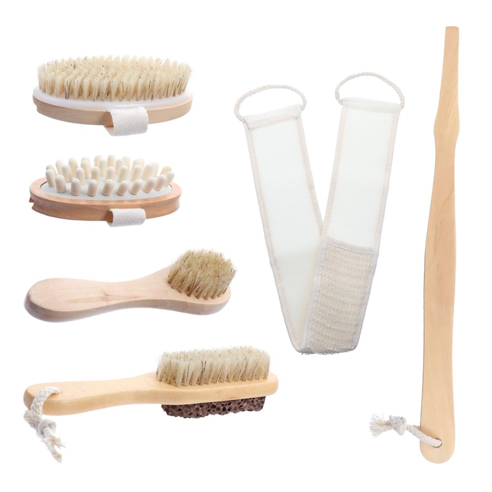 Mikinona 6-Piece Spa Shower Brush Set with Nylon and Soft Mixed Bristles, Exfoliating Body Brushes for Full-Body Use, Easy to Hang, for Women and Men
