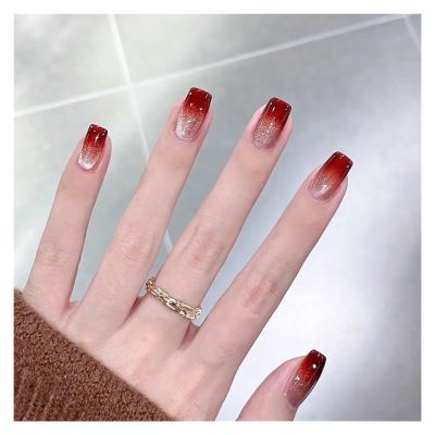 Press-On Fake Nails, Square Cat-Eye French Glitter Powder, Waterproof Faux Fingernails, Color 34