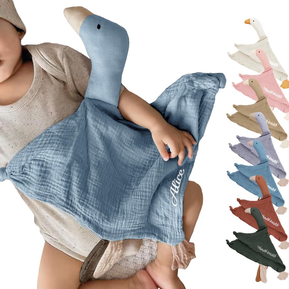 GELLEDI Personalized Cotton Muslin Baby Lovey with Cute Goose Design, Ideal for Baptisms or Births (Slate Blue)