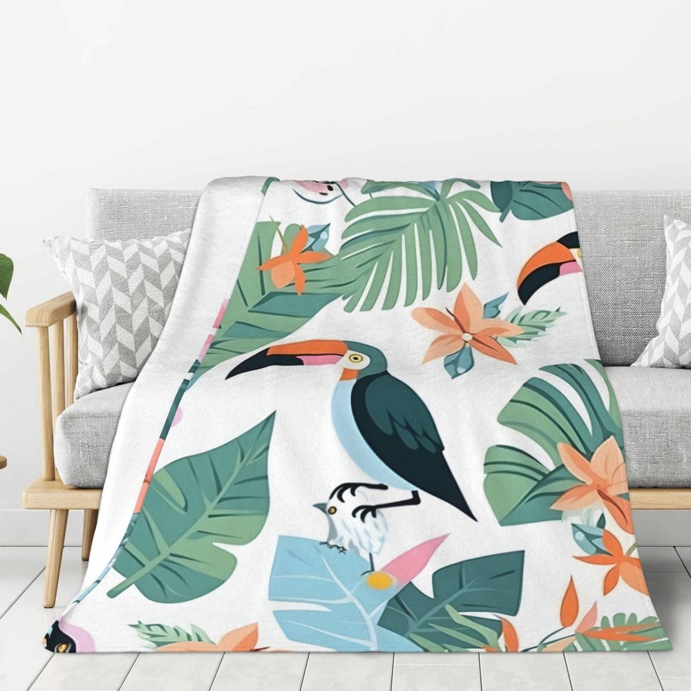 Mexpekil Throw Blanket, Soft Warm Fleece Sofa Blanket, Tropical Plant Toucan Design, 80 x 60 in