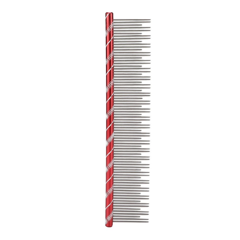 Qcwwy Cat Steel Comb, Stainless Steel Teeth, Comfortable Grip, Safe Massage, Dense and Sparse Tooth Design, Rounded Ends, Open Knot Comb for Long Hair (Red)