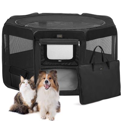 DONORO Portable Dog Playpen for Small Dogs, Cats, Rabbits and Puppies, Indoor/Outdoor, with Carrying Bag, Removable Zippered Top and Bottom, Black, Size L