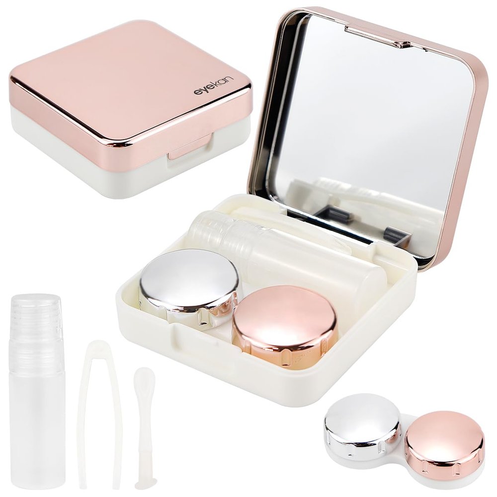 FERCAISH 2-Piece Portable Contact Lens Case Set with Mirror, Rose Gold