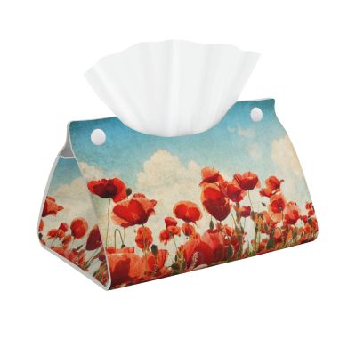 Field of Poppies Tissue Box Cover, PVC Leather Tissue Box Holder for Home, Office, and Car Decor