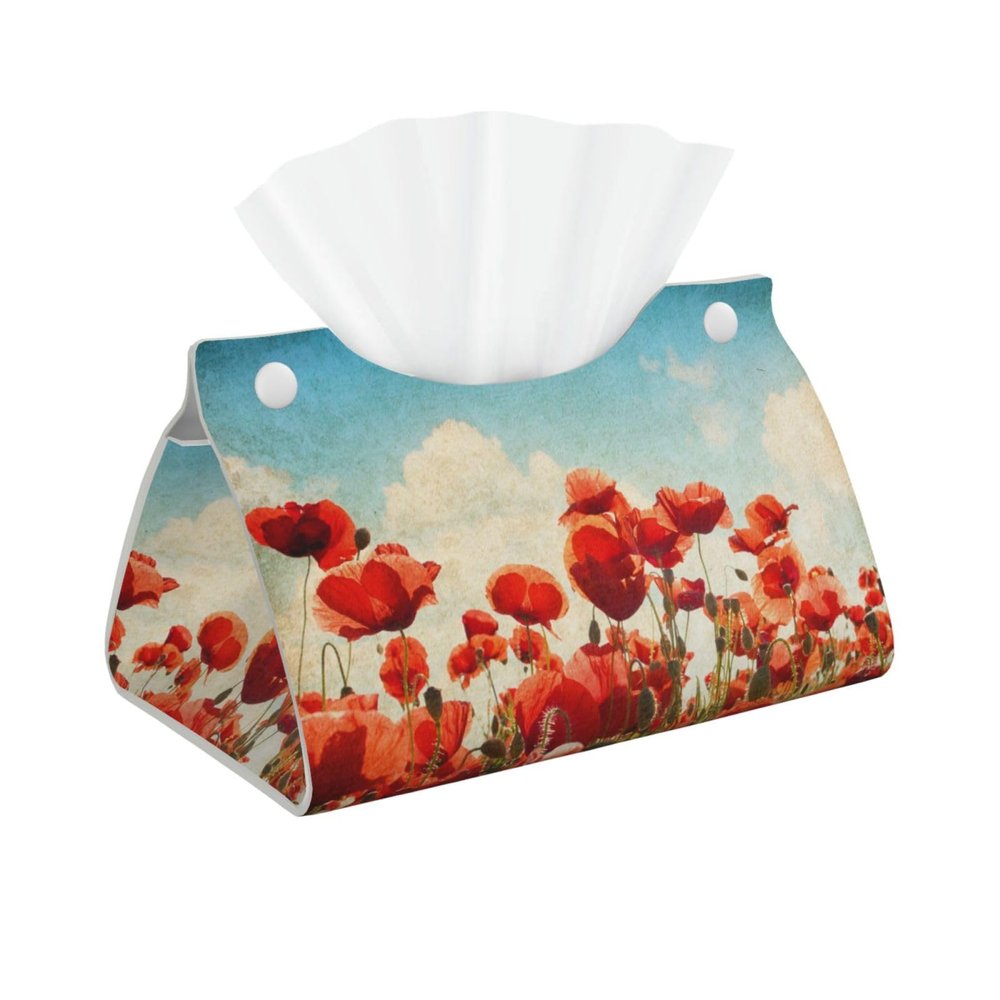Field of Poppies Tissue Box Cover, PVC Leather Tissue Box Holder for Home, Office, and Car Decor
