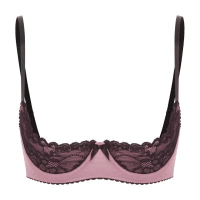 CHICTRY Sheer Lace Push-Up Bra with Open Cups, Bow, Floral Pattern, Pink, Size M