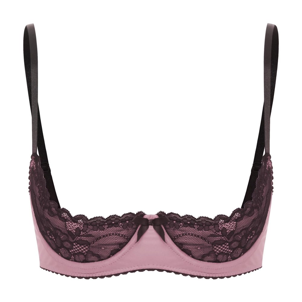 CHICTRY Sheer Lace Push-Up Bra with Open Cups, Bow, Floral Pattern, Pink, Size M
