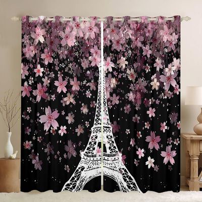Homemissing Eiffel Tower Cherry Blossom Curtains, 245 x 140 cm, Paris Floral Curtains for Kids