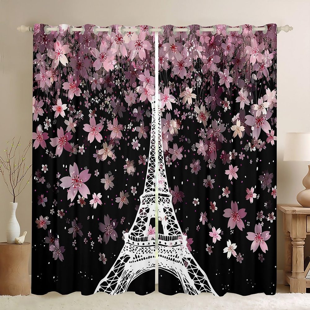Homemissing Eiffel Tower Cherry Blossom Curtains, 245 x 140 cm, Paris Floral Curtains for Kids
