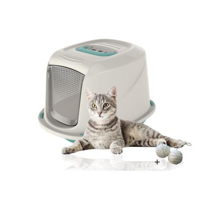 Rohrschneider Cat Litter Box with Lid, High Rim (Blue, D36 x W45 x H31.5 cm)