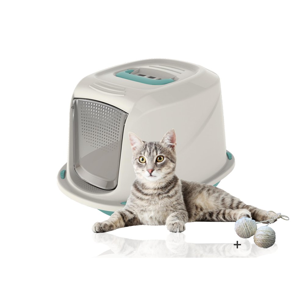 Rohrschneider Cat Litter Box with Lid, High Rim (Blue, D36 x W45 x H31.5 cm)