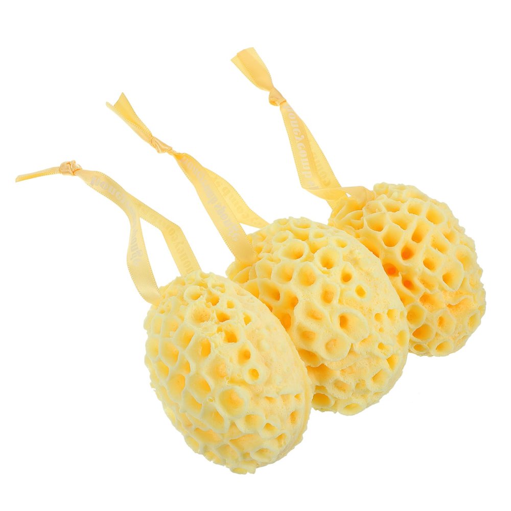 3-Pack Shower Sponges, Yellow, Hydrophilic Polyurethane, with Hanging Cord