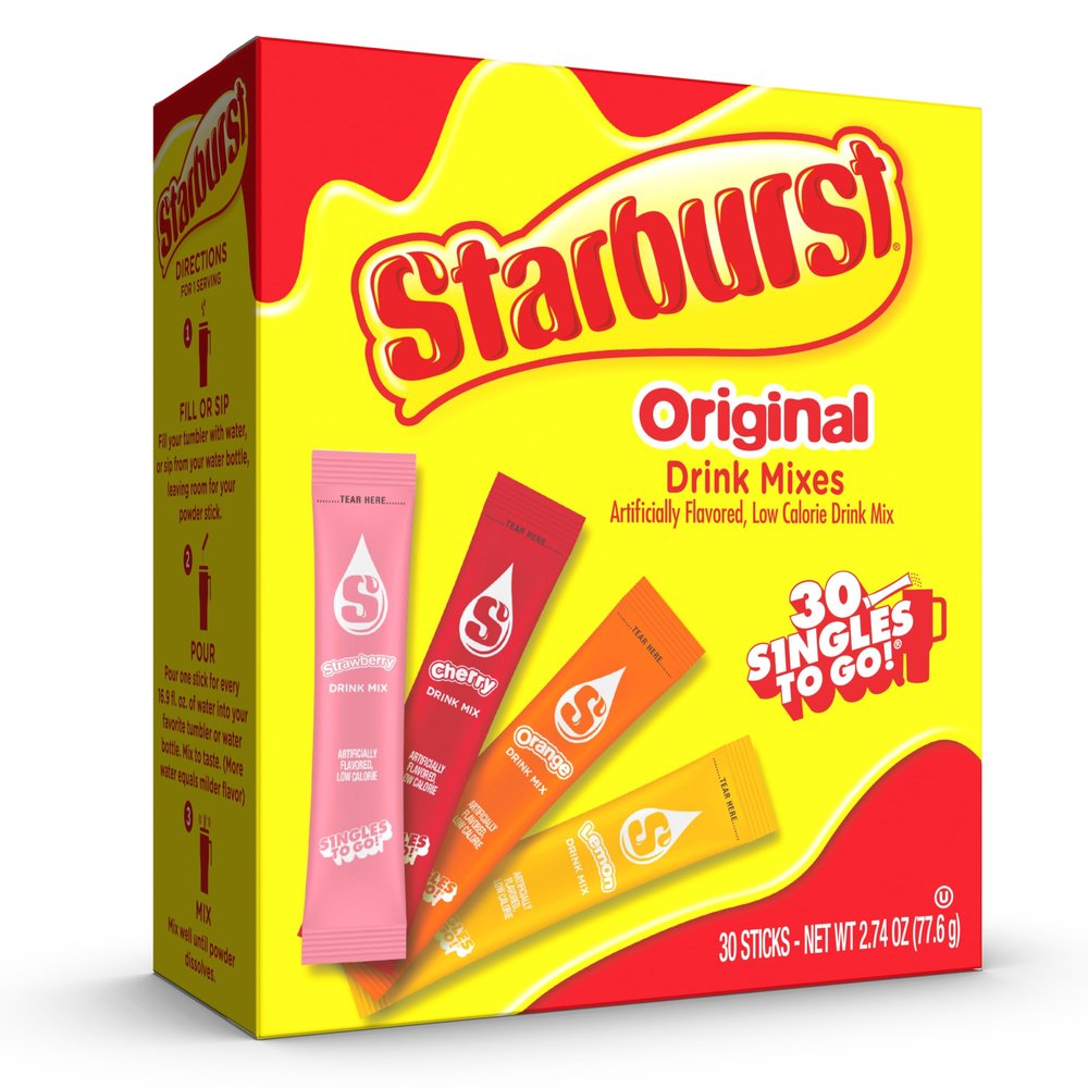 Starburst Singles to Go Variety Pack, Watertok Drink Mix, 4 Flavors, Strawberry, Cherry, Orange and Lemon, 1 Box (30 Servings)