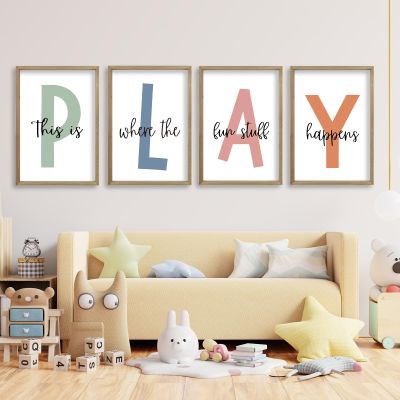 This Is Where the Fun Stuff Happens Kids' Playroom Wall Art, 24 x 16 in, Rustic Wood Frame