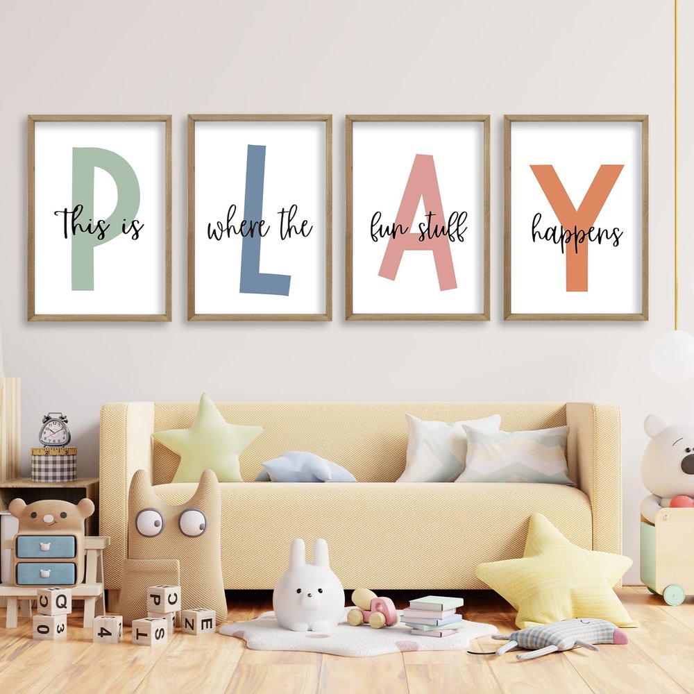 This Is Where the Fun Stuff Happens Kids' Playroom Wall Art, 24 x 16 in, Rustic Wood Frame