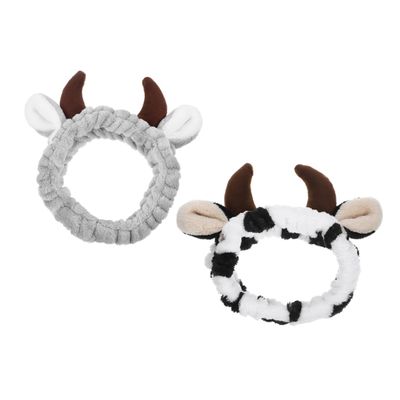 DEARMAMY 2-Piece Cow Horn Fabric Headband Set, Fashionable and Cute for Makeup, Face Washing, Skincare, and Christmas Spa