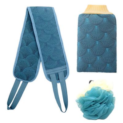 BELLIFFY 3-Piece Polyester and Cotton Shower Loofah Set with Back Scrubber Straps