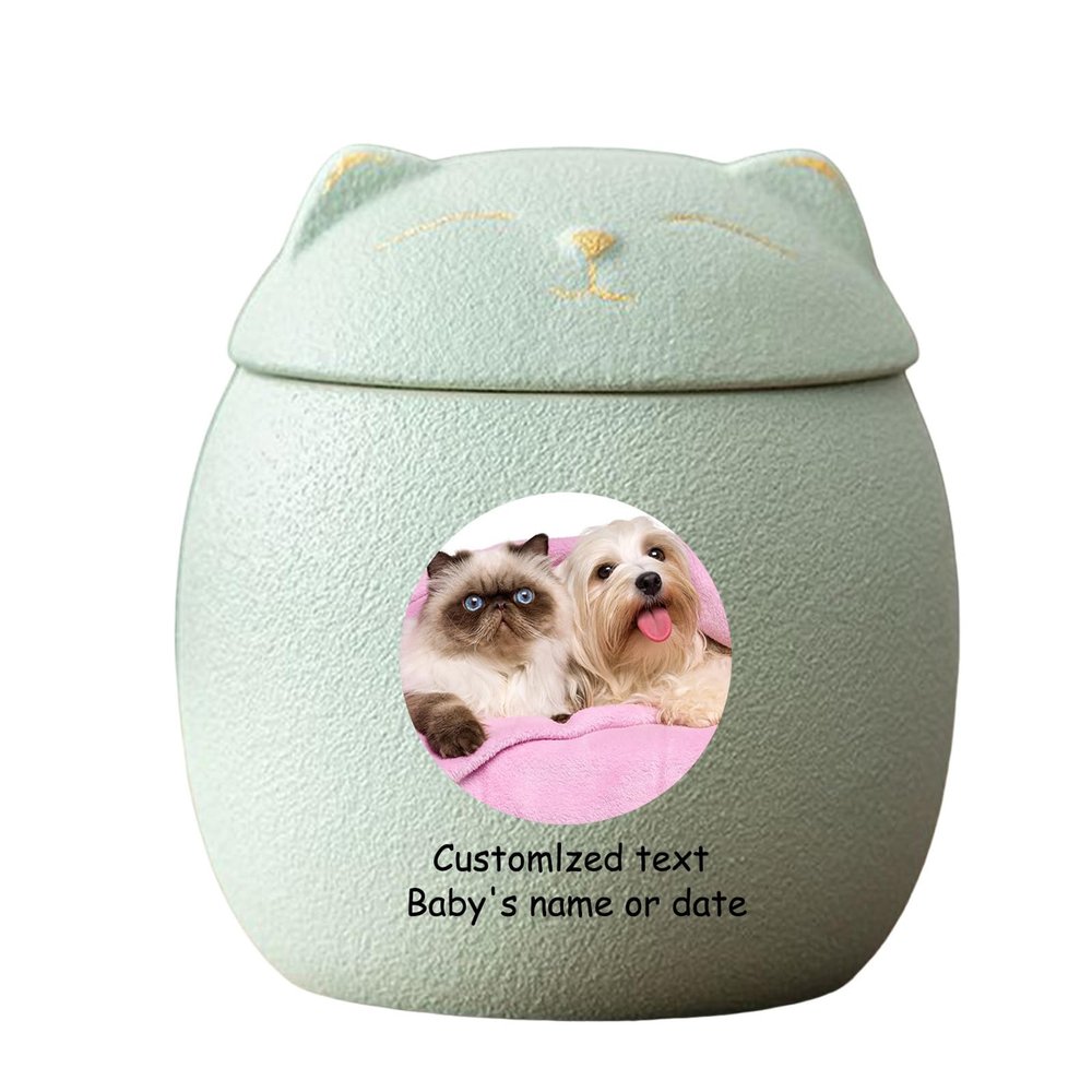 WXMYOZR Personalized Ceramic Cat Urn for Ashes, Green, Large