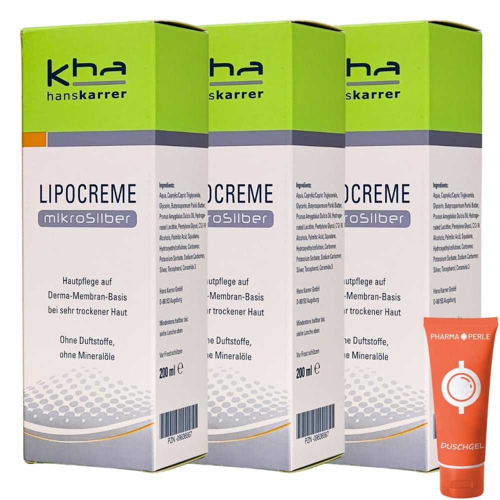 Hans Karrer Lipocreme Microsilver, 3 x 200 ml | Intensive care for dry skin | Face and body | Moisturizing skin care and protection | Suitable from 1 year | Value set plus Pharma-Pearl giveaway