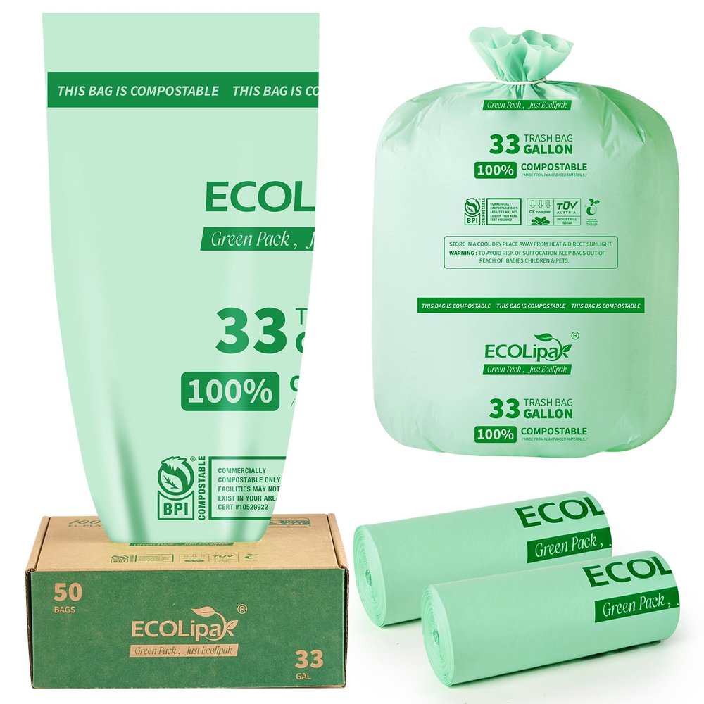 ECOLipak Compostable Trash Bags, 100 L, Biodegradable, Heavy-Duty, Outdoor Use, BPI ASTM D6400 and OK Compost Home Certified, 50 Count (2 Rolls)