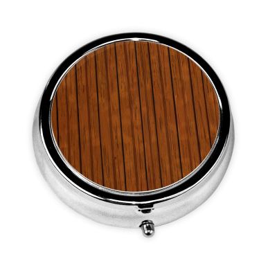 Round Pill Case with Brown Wood Pattern, 3 Compartments, Portable Travel Organizer